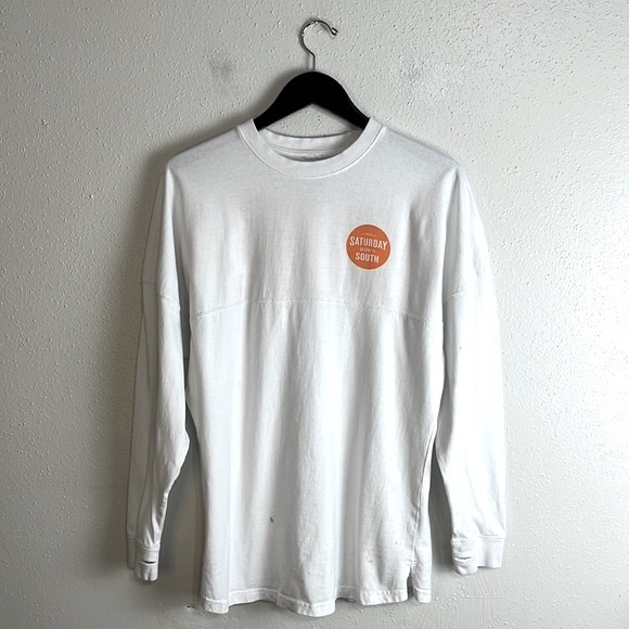 SDS Saturday Down South L/S Graphic T-Shirt Mens Medium White Orange Logo Stains - Picture 2 of 12